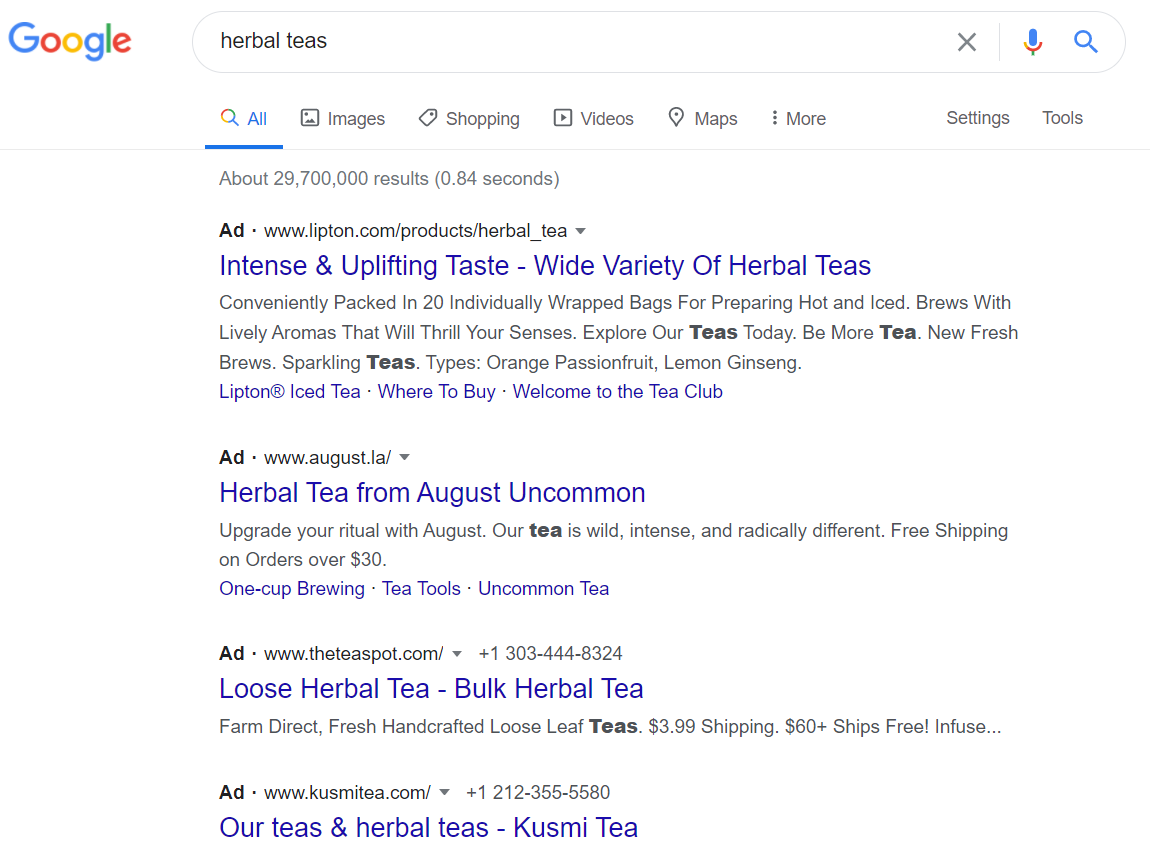 herbal teas google ads